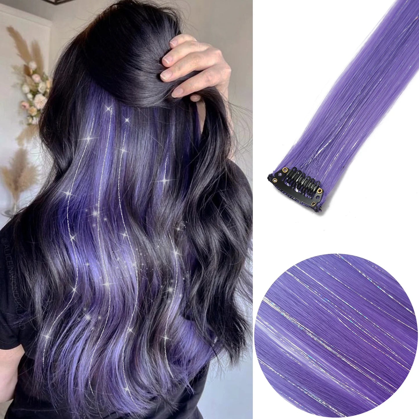 Clip in Hair Extensions 6pcs/pack Colored Party Highlights 22 inches Multi-colors Straight Hair Synthetic Hairpieces Purple Pink