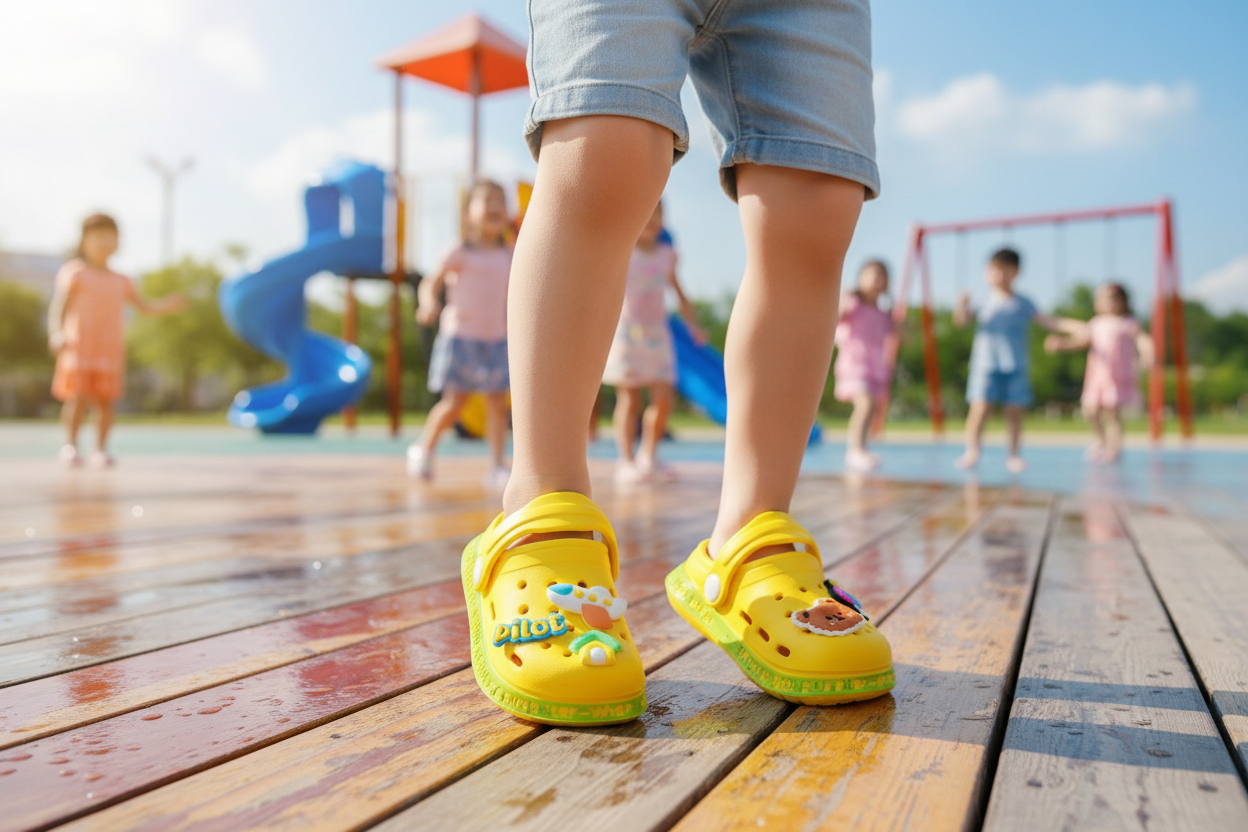 Yellow children's clogs with cartoon characters on a blue sky background