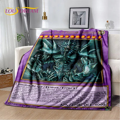 A plush throw blanket featuring a detailed fantasy illustration of a green dragon-like creature, styled on a white sofa in a modern living room setting. The blanket has a purple border with gold text and details resembling a trading card print, and the brand name 'LOUD DREAM' is visible in the top left corner.