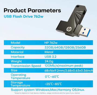 HP USB3.2 Flash Drive 32GB 64GB High Speed USB Sticks 128GB 256GB External Storage Metal Pendrive