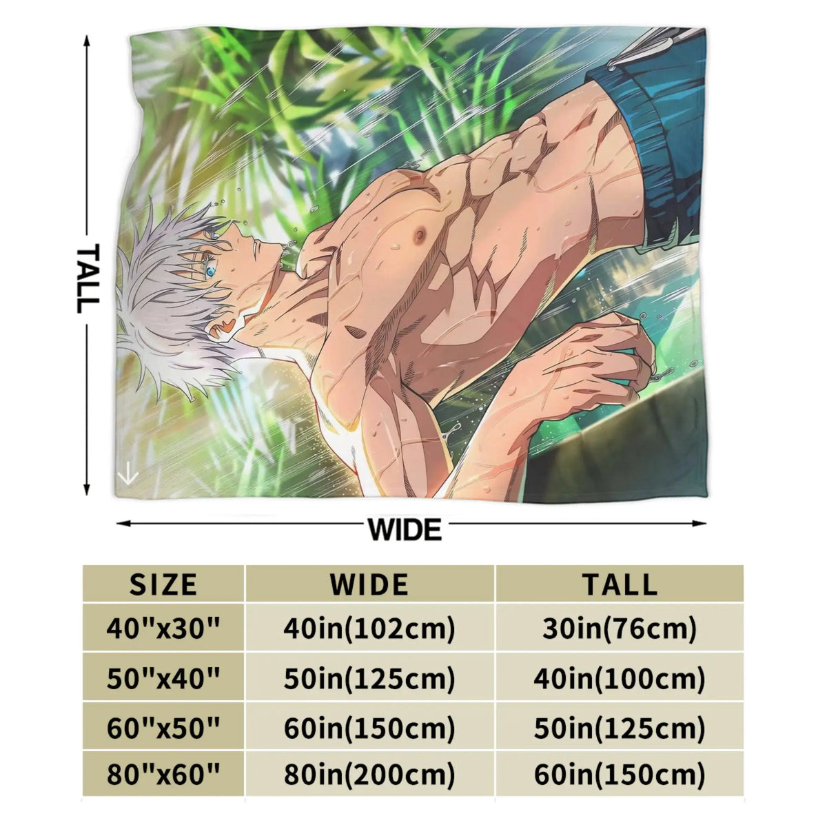 An anime-style wall tapestry or blanket featuring a muscular man with white hair in a green outdoor setting, shown with dimension arrows and a size chart below.
