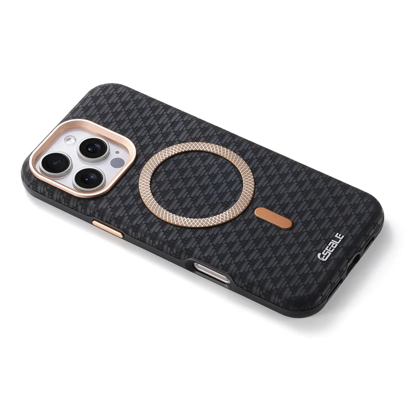 Phone case with magnetic ring and textured design on a white background