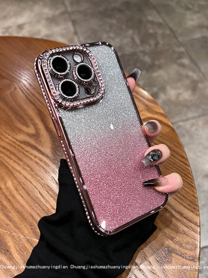 Luxury Plating Diamond Rhinestone Glitter Case For iPhone 11 12 13 14 15 16 Pro Max Plus Transparent Bling Soft Silicone Cover