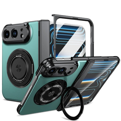 A teal and black magnetic phone case with a built-in kickstand, shown from multiple angles on a white background. The case features a large circular MagSafe-compatible ring on the back, a transparent screen protector with blue graphic lines, and a black ring stand.