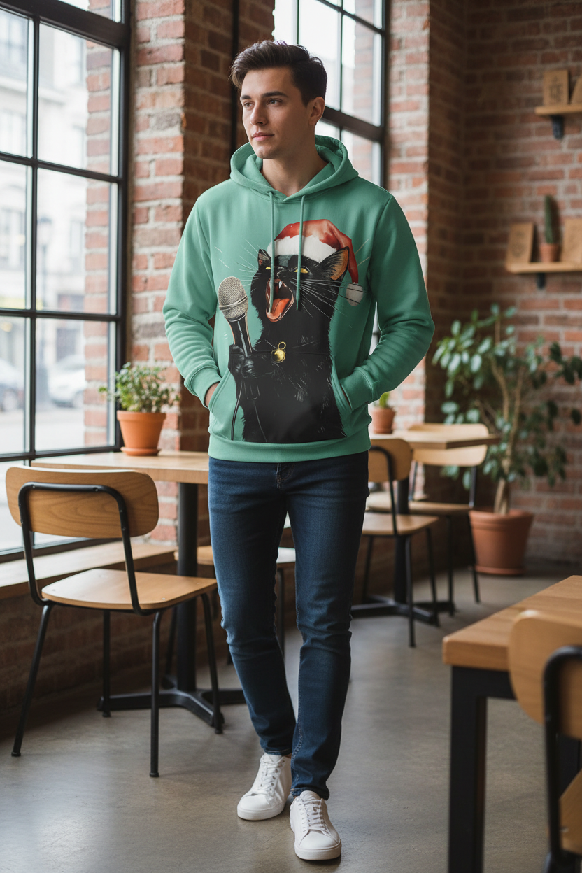 A man wearing a mint green hoodie with a black cat graphic holding a microphone and a Santa hat, paired with dark blue jeans and white sneakers, standing in a modern cafe with brick walls and wooden chairs.