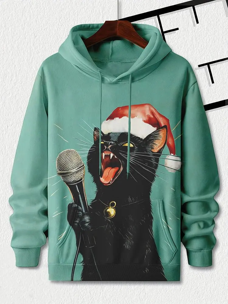 Teal hoodie with a graphic of a black panther wearing a Santa hat and holding a microphone.