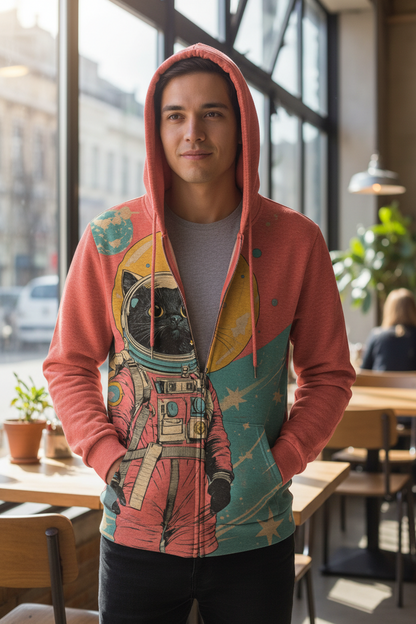A man wearing a coral pink zip-up hoodie with a graphic print of a black cat in an astronaut suit against a space-themed background, standing in a bright cafe.