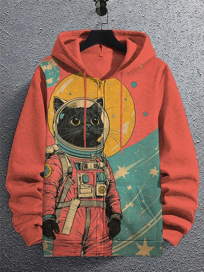 Red hoodie with a cat in an astronaut suit design on a gray background