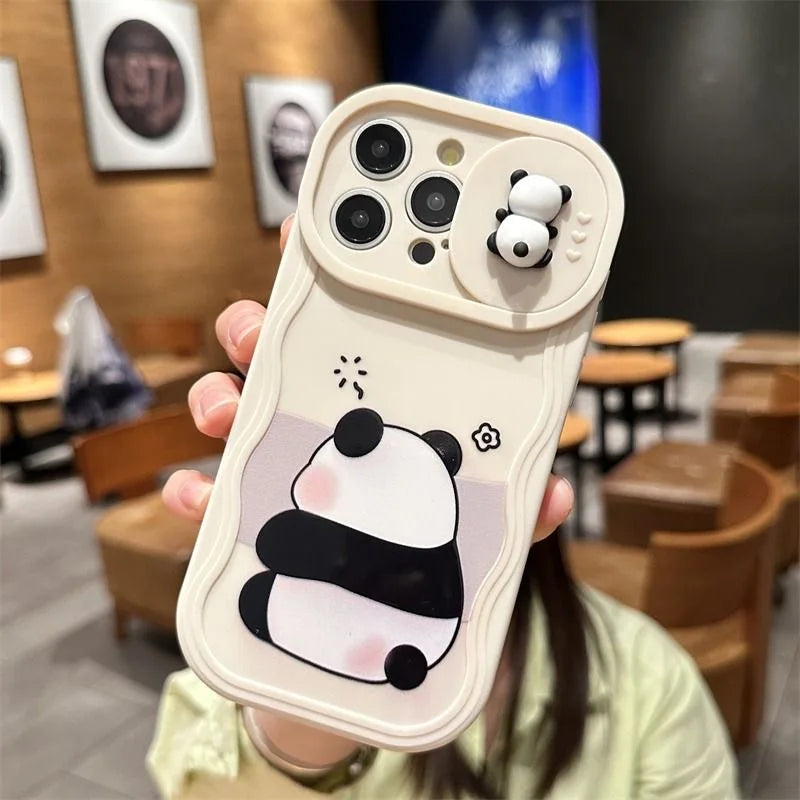 3D Ears Panda Funny Duck Cartoon Sliding Camera Case for iPhone 16 Pro Max 14 Plus 15 X XS XR 7 11 12 13 SE2 3 Wave Phone Capa