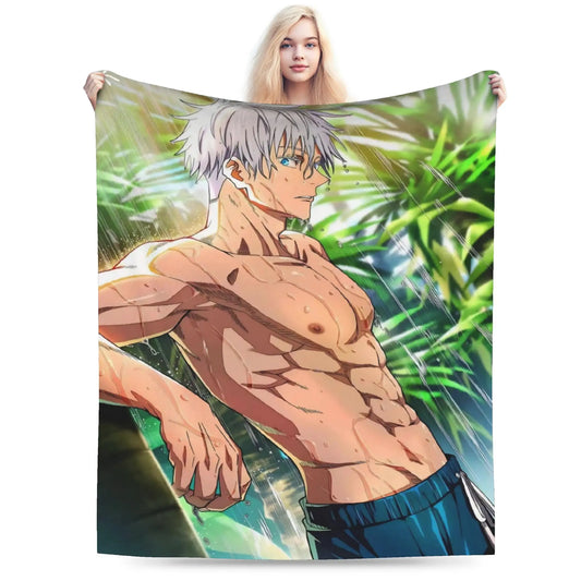 A large printed blanket or tapestry featuring an anime-style shirtless male character with silver hair in a green outdoor scene, held up by a woman against a plain white background.