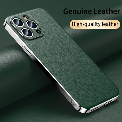 Genuine Cowhide Leather Phone Case for iPhone 16 15 11 12 13 14 Pro Max Luxury Plating Shockproof Lens Protection Back Cover