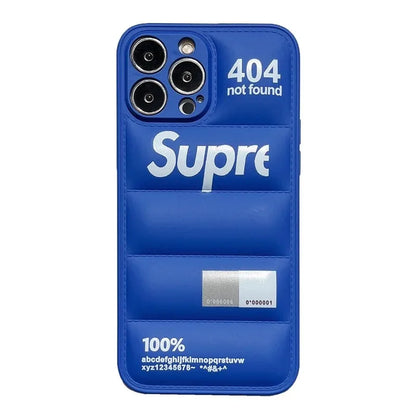 Blue phone case with Supreme logo and '404 not found' text on a white background