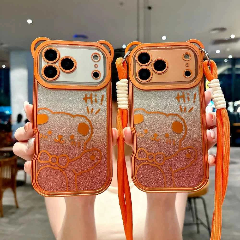 Orange Cute Bear Ear Plating Transparent Long Lanyard Case For iPhone 17 Pro Max 17Pro 17 Air Clear Soft TPU Shockproof Cover