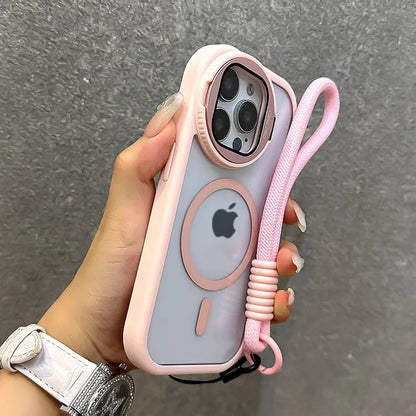 16 ProMax Flip Lens Bracket Magsafe Case for iPhone 16 15 14 13 12 11 Pro Max 16 Plus Fashion Nylon Lanyard Clear Magnetic Cover