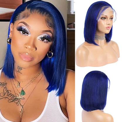 Dark Blue Short Straight Bob Wigs Human Hair 13x4 HD Lace Frontal Human Hair Wigs For Women 200 Density