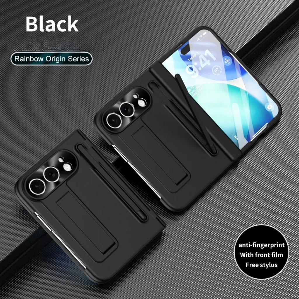 Two black rugged phone cases shown on a dark textured background, one with a smartphone inserted and one empty. Text on the image reads 'Black' and 'Rainbow Origin Series,' with a circular badge noting anti-fingerprint and free stylus.