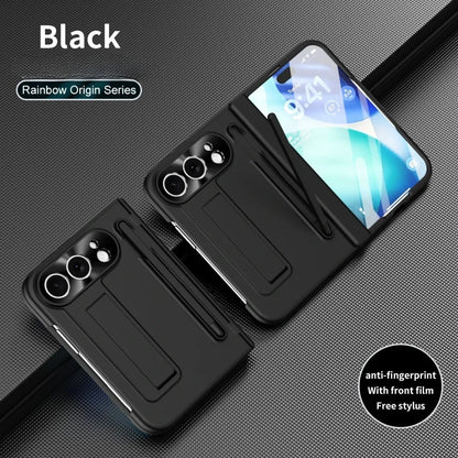 Two black rugged phone cases shown on a dark textured background, one with a smartphone inserted and one empty. Text on the image reads 'Black' and 'Rainbow Origin Series,' with a circular badge noting anti-fingerprint and free stylus.