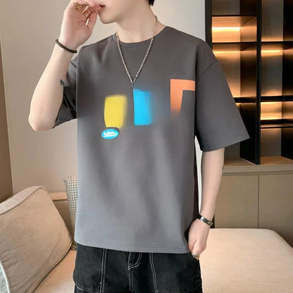 2025 Summer New Men's Short Sleeve T-Shirt Hong Kong Style Loose Fit Versatile Ice Silk Thin Clothing Youth Trendy