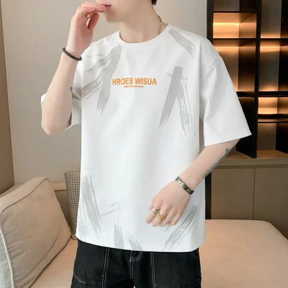 2025 Summer New Men's Short Sleeve T-Shirt Hong Kong Style Loose Fit Versatile Ice Silk Thin Clothing Youth Trendy
