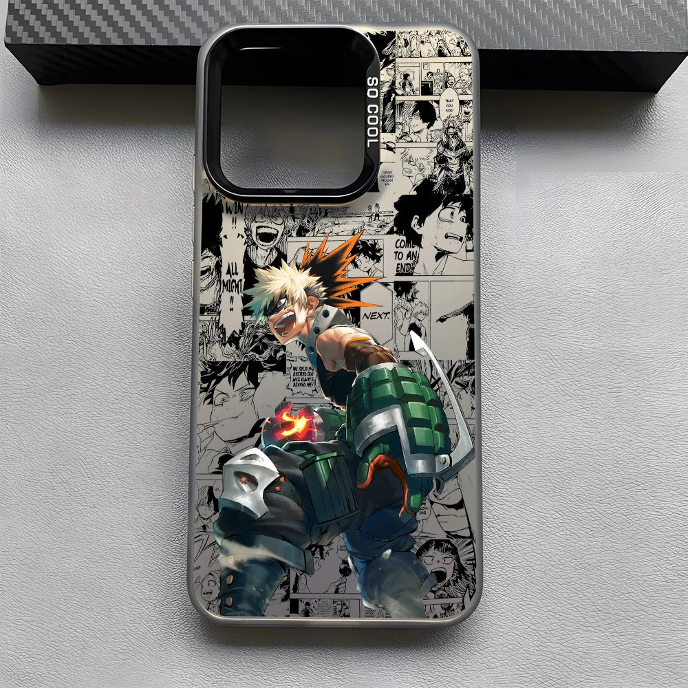 Katsuki Bakugo Anime Phone Case for iPhone 16 15 14 13 12 11 Pro Max - Black Matte Multicolor Laser Metallic Aurora Cover