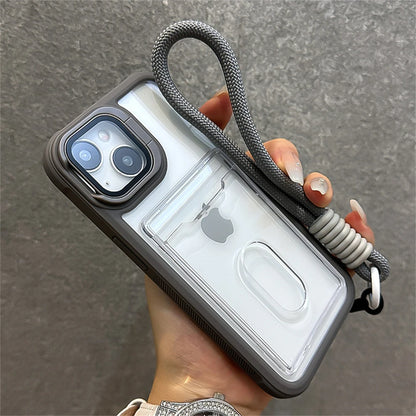 Acrylic Card Holder Fold Camera Bracket Clear Case for iPhone 16 15 14 13 12 11 Pro Max Plus Wrist Hand Strap Shockproof Cover