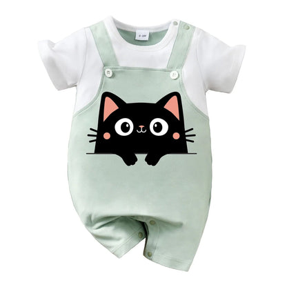 IURNXB Summer Infant Cartoon Black Cat Printed Unisex Romper with Suspenders (0-18M)