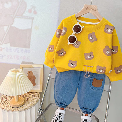 Baby Girl Clothing Set Boy Tracksuit Spring Autumn Child T-shirt Jeans 2pcs Suit Cartoon Bear Infant Sportswear