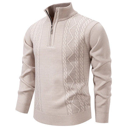 Winter Fleece-Lined Stand Collar Half-Zip Pullover Knitted Sweater for Men,Multi-Color Versatile Casual  Men's Knit Sweater