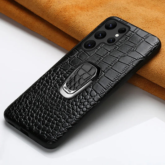 Funda de teléfono con soporte de cuero de vaca auténtico para Samsung Galaxy S24 S23 Ultra S23 Plus S24Ultra S22Ultra, funda trasera con anillo