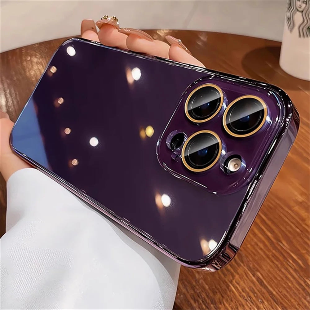 Luxury Plating Bumper Armor Glossy Phone Case For iPhone 15 16 Pro Max 14 13 12 11 Crystal Glass Full Lens Protection Back Cover