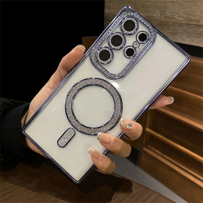 Transparent Plating Glitter Rhinestones Diamond for Magsafe Magnetic Case for Samsung S24 S23 S22 Ultra Plus Soft Silicone Cover