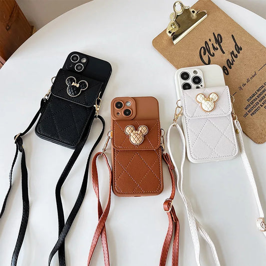 Cartoon Diamond Leather Wallet Soft Case for IPhone 14 13 11 15 Pro Max 12 Mini XS XR X 8 7 Plus SE2022 14Pro With Lanyard Cover