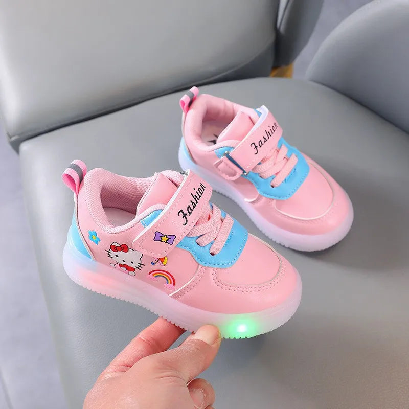 LED Kids Shoes for Girls Cute Cartoon Helloo Kitty Shoes Baby Girl Kawaii Canvas Shoes Soft Bottom Sneakers Casual Shoes