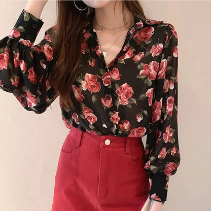 chemisier Flower Print Shirts Women Chiffon Blouse Spring Long Sleeve Sheer Thin Shirt Sunscreen Clothes Tops Blusas Para Mujer