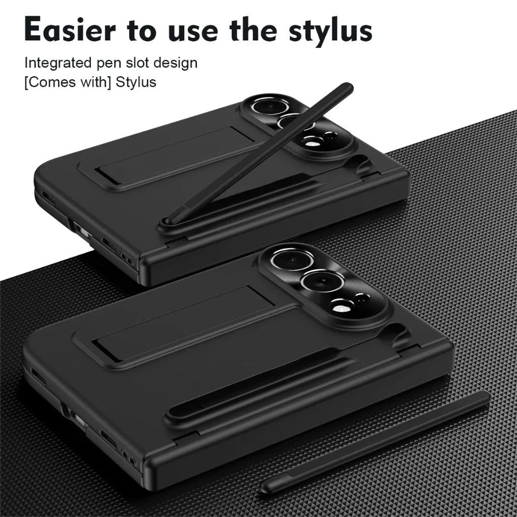 Two black protective phone cases with integrated pen slots and stylus pens, shown on a dark textured surface with marketing text at the top.