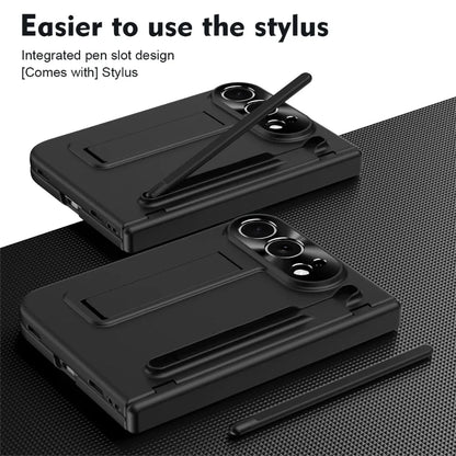 Two black protective phone cases with integrated pen slots and stylus pens, shown on a dark textured surface with marketing text at the top.