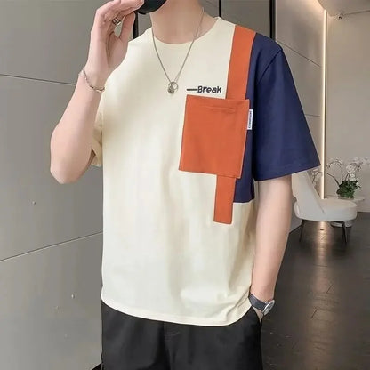 2025 Summer New Men's Short Sleeve T-Shirt Hong Kong Style Loose Fit Versatile Ice Silk Thin Clothing Youth Trendy