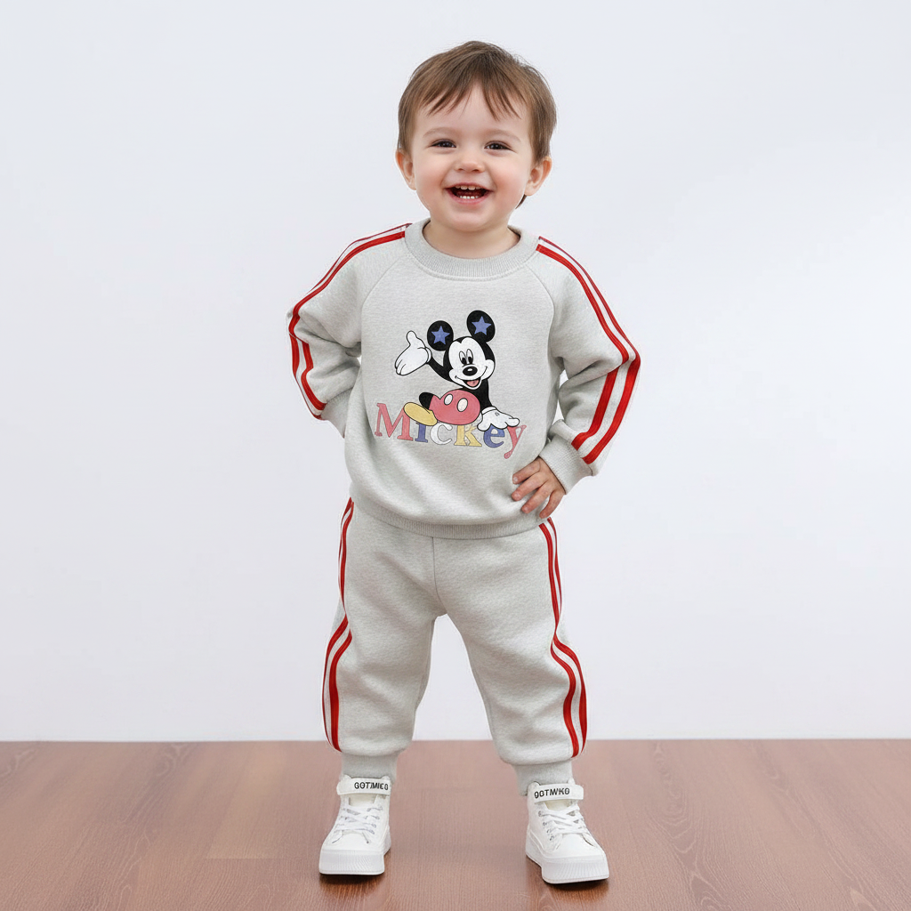 A smiling toddler stands on a wooden floor against a plain light background, wearing a light gray two-piece tracksuit with red side stripes and a Mickey Mouse graphic on the chest, plus white sneakers.
