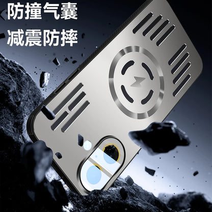 A metallic silver protective phone case with a circular magnetic ring and vented slots, shown floating over dark rocks with Chinese text in the upper left.
