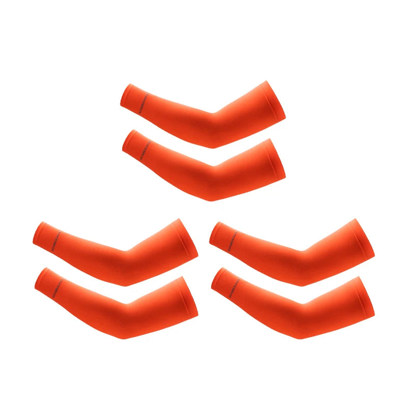 Set of six orange arm sleeves on a white background