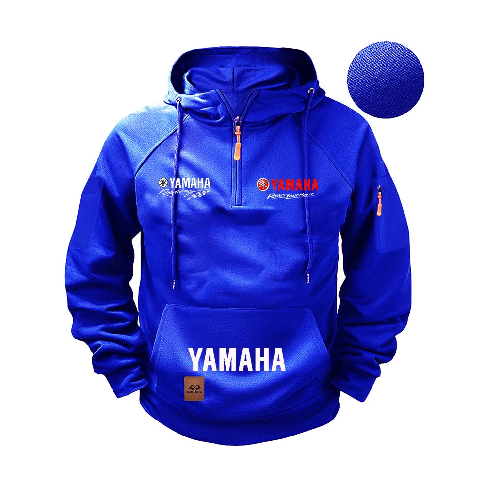 Blue hoodie with Yamaha branding on a white background