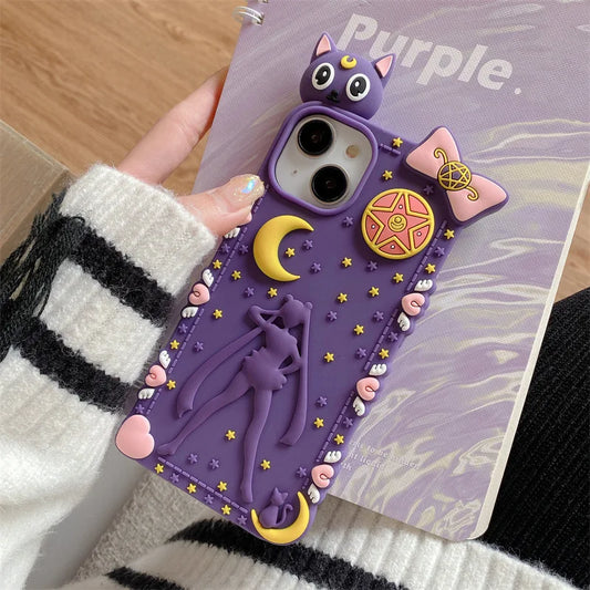 Korean 3D Cute Cartoon Purple Cat Bowknot Phone Case for iPhone 15 14 13 12 Pro Max Soft Silicone Shockproof Protective Cover