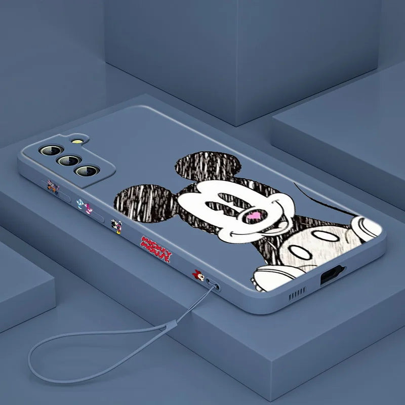 Mickey💙Mouse character case For Samsung Galaxy S24 S23 Note 20 Liquid Left Rope Phone Case