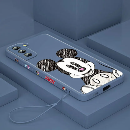 Mickey💙Mouse character case For Samsung Galaxy S24 S23 Note 20 Liquid Left Rope Phone Case