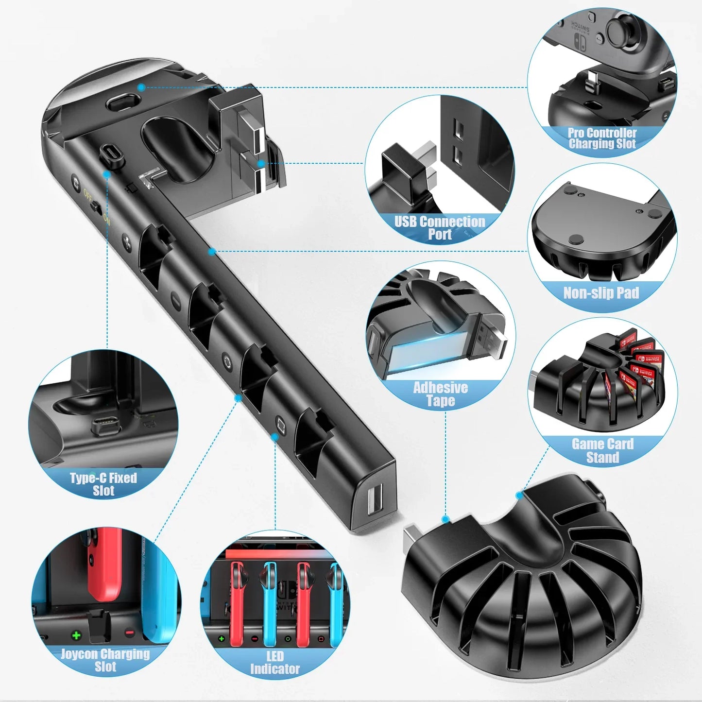 For Switch Joycon Charger Switch OLED Controllers Fast Charge Switch Pro Controller Dock Station 8 Game Slots for Nintendo