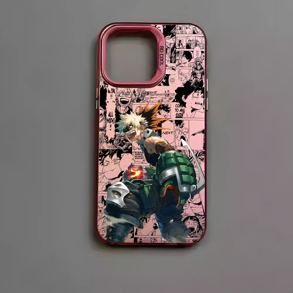 Katsuki Bakugo Anime Phone Case for iPhone 16 15 14 13 12 11 Pro Max - Black Matte Multicolor Laser Metallic Aurora Cover