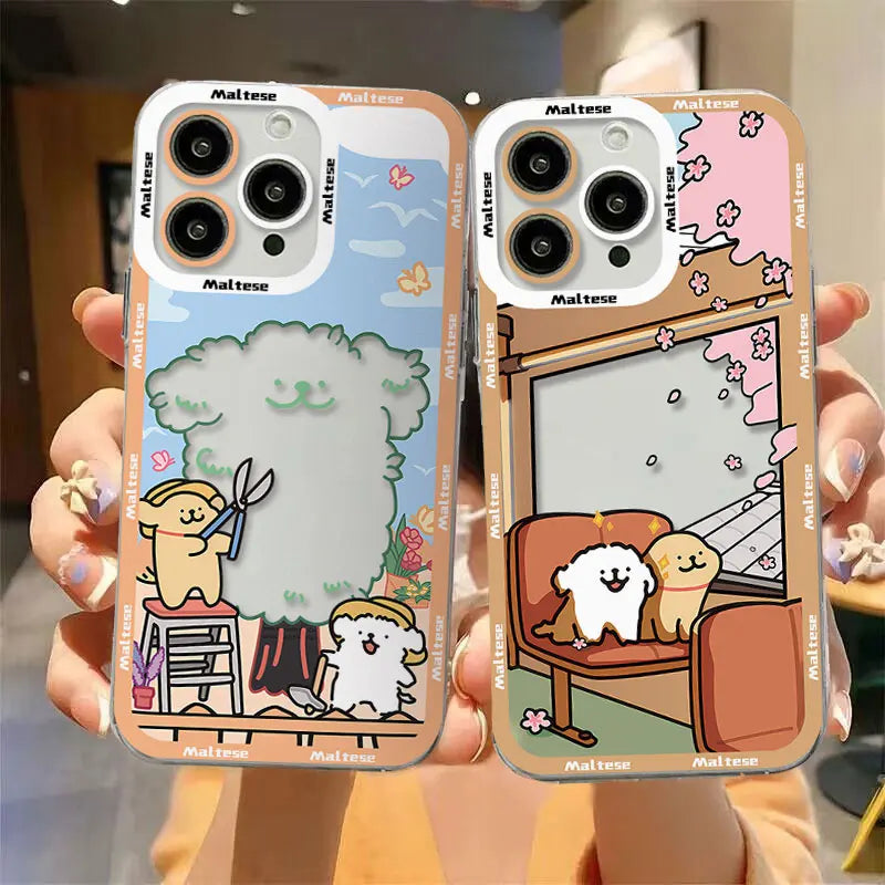 Korea line puppy Maltese Phone Case For Samsung S24 S23 S22 S21 S20 S10 FE Note20 Plus Ultra 5G Clear Soft TPU Cover