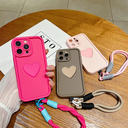 Luxury 3D Love Heart Matte Soft Lanyard Rope Phone Case For iPhone 16 15 14 13 12 11 Pro Max X XS XR 7 8 Plus Shockproof Cover
