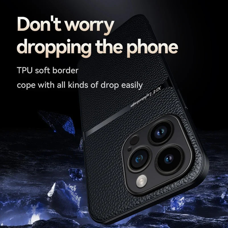 For iPhone15 Pro Max Luxury Leather Cover For iPhone 14 13 12 11 Plus Car Holder Case Magnetic Silicone Shockproof