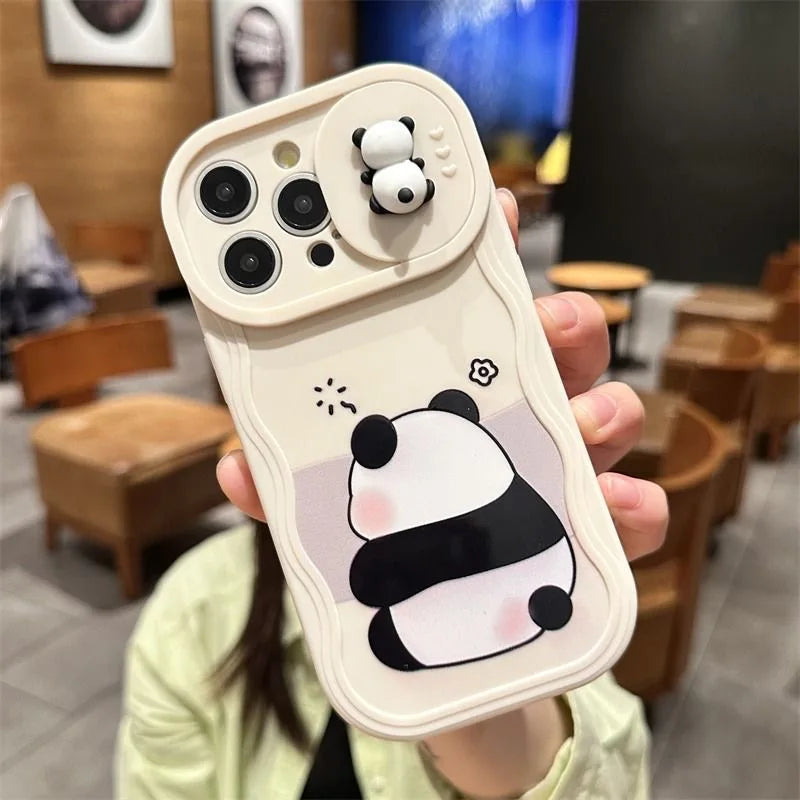 3D Ears Panda Funny Duck Cartoon Sliding Camera Case for iPhone 16 Pro Max 14 Plus 15 X XS XR 7 11 12 13 SE2 3 Wave Phone Capa